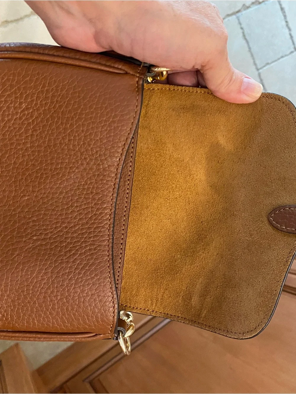 Coach Pebbled Leather Crossbody in Camel Brown with Gold Hardware